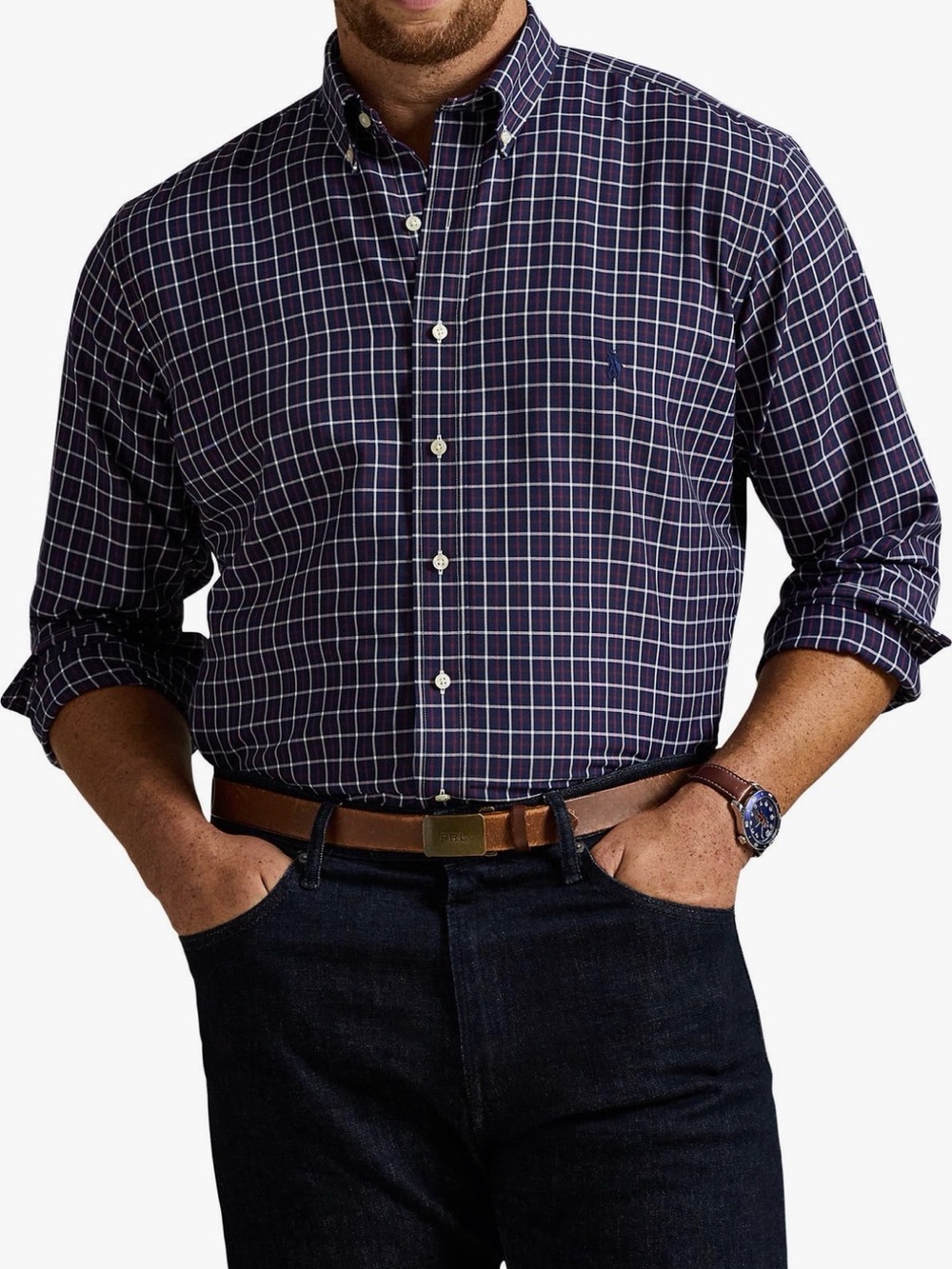 Polo Ralph Lauren Big & Tall Performance Oxford Shirt 3XLT Wine Navy Plaid EUC